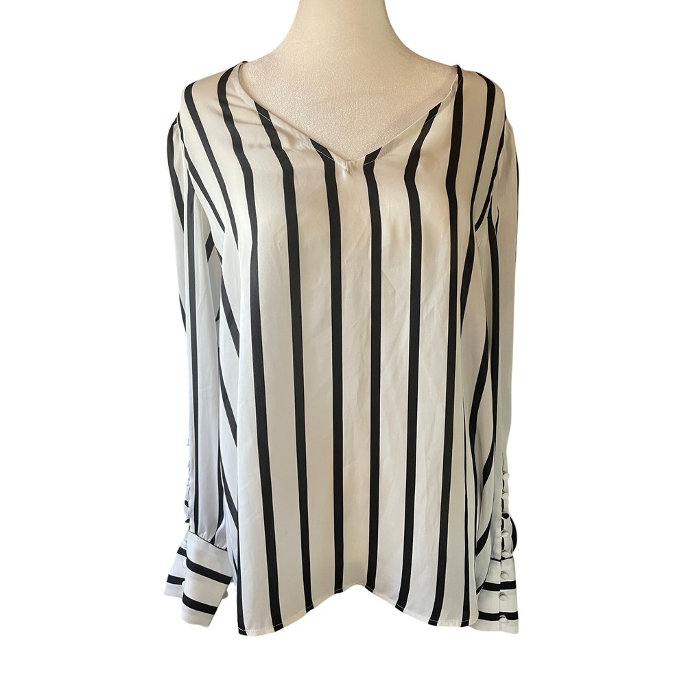 Express‎ Womens V-Neck Striped Blouse Size M White Black Old Money Chic